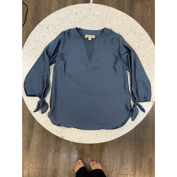 Michael Kors Women XS Blue Navy Solid Satin Tie Top Chambbary Officewear Bow - Picture 5 of 14